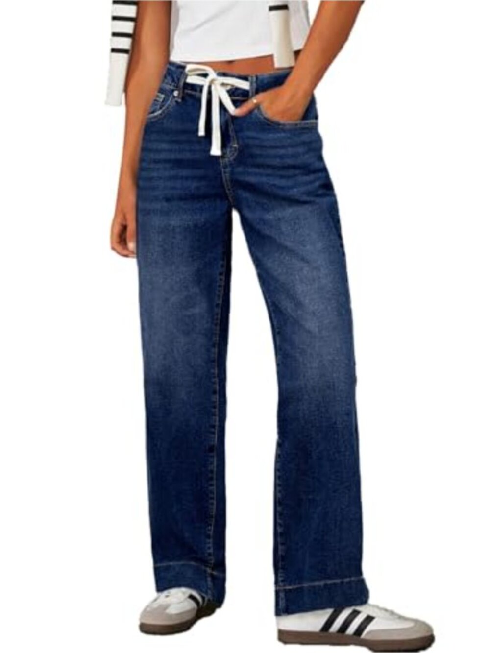 Wide Leg High Waisted Stretchy Denim Jeans Drawstring Straight Leg